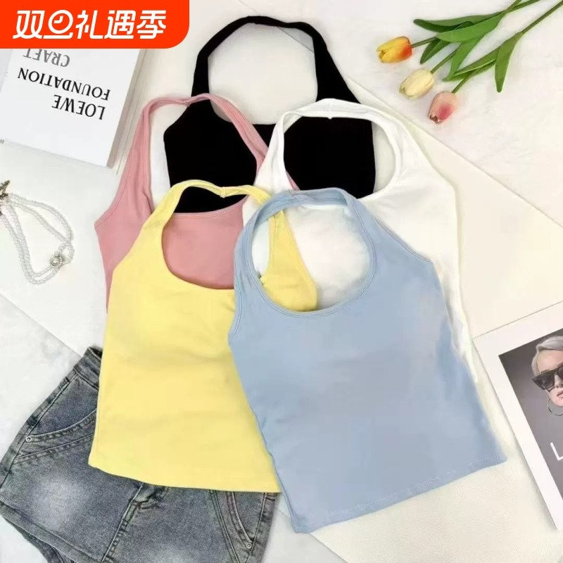 挂脖吊带背心上衣带胸垫少女一体夏季多巴胺露背外穿内搭修身显瘦