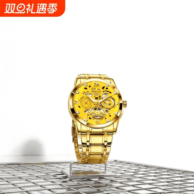 手表男全自动非机械表钢带男款商务防水石英腕表正品名牌镂空男士