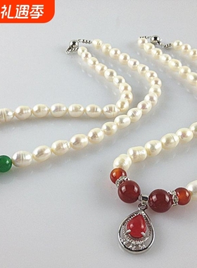 地摊创业专用 淡水珍珠项链8-9mm米形玉石珍珠吊坠 HFY-1737