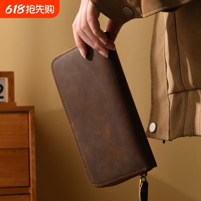 2026新品复古长款牛皮钱包男女同款真皮零钱包手拿包大容量钱夹