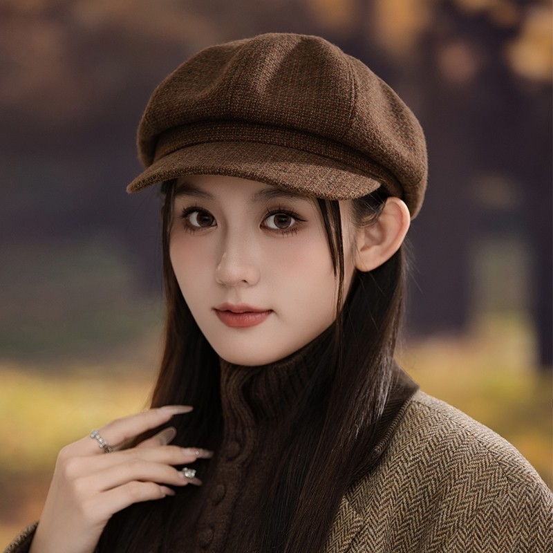 新款英伦复古八角帽子女秋冬季时尚休闲报童帽贝雷帽灰色毛呢格子