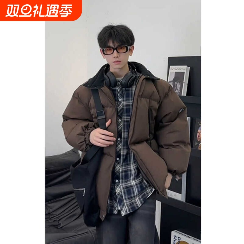 户外咖啡色立领羽绒服男冬季加厚保暖工装棉服美式高街vibe面包服