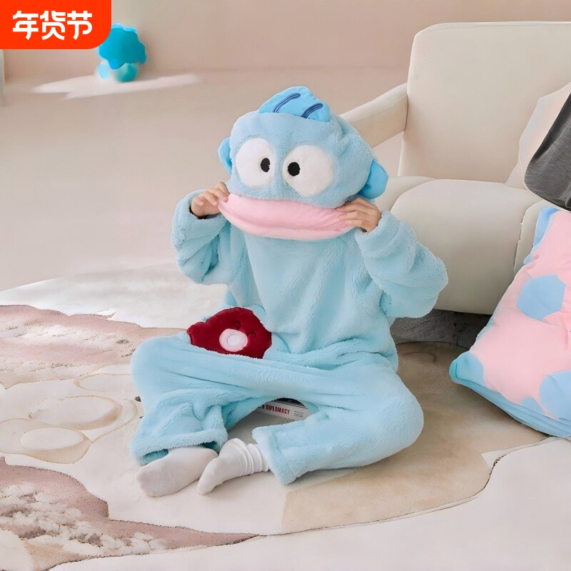 丑鱼睡衣儿童连体法兰绒可爱秋冬季加厚保暖珊瑚绒亲子家居服加绒