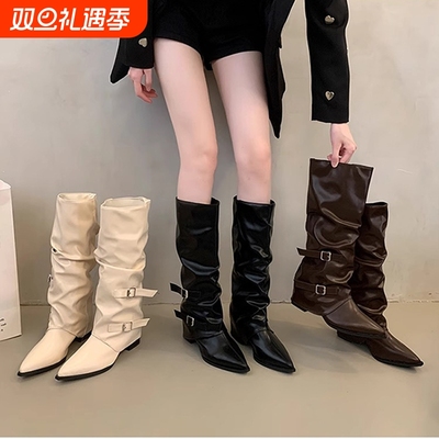高跟高筒靴女2025新款春秋季尖头堆堆靴长筒靴子裤管靴骑士靴黑色