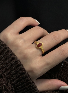 法式复古红色锆石戒指女小众中古vintage指环时尚轻奢高级感手饰