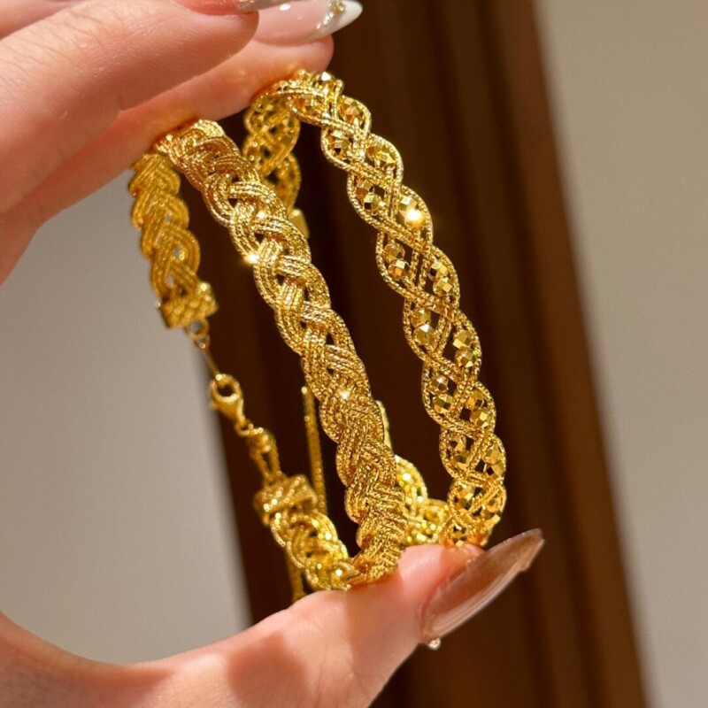 S925纯银蕾丝麻花麦穗蹦迪珠抽拉手镯女款复古轻奢爆款手环编织