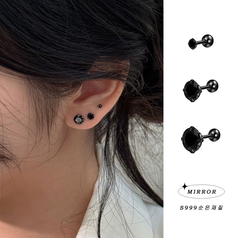 小麋人999纯银简约黑色闪亮耳钉男女耳骨钉耳环耳饰小众养耳新款