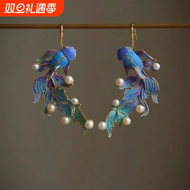 新中式复古蓝色锦鲤耳环女复古风小众设计汉服配饰高级感耳钩耳饰