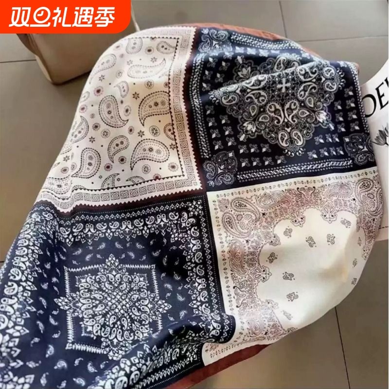 复古四格腰果70丝巾棉麻高级搭配新款方巾洋气时尚围巾衬衫领巾