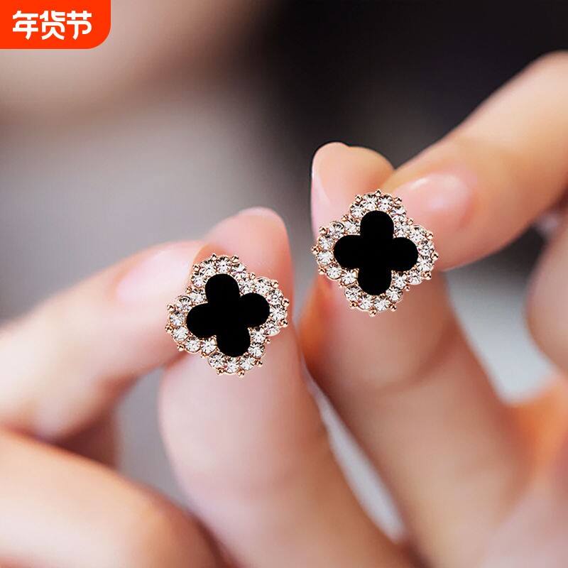 s925银针四叶草耳钉时尚耳环女气质轻奢耳坠耳饰品粉色白色新款