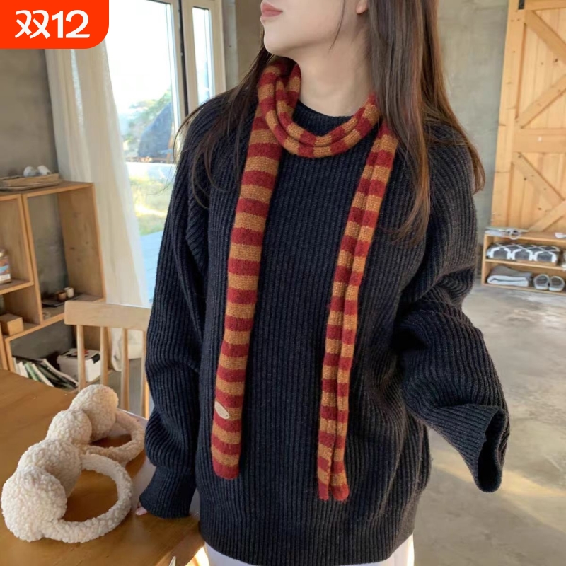 秋冬条纹窄围巾高级感百搭保暖围巾韩版氛围感学生款窄版细长围脖