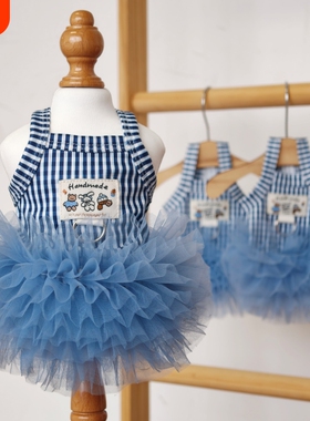 春夏新款条纹裙猫咪狗狗衣服泰迪比熊夏季网纱公主裙可爱蓝色薄款