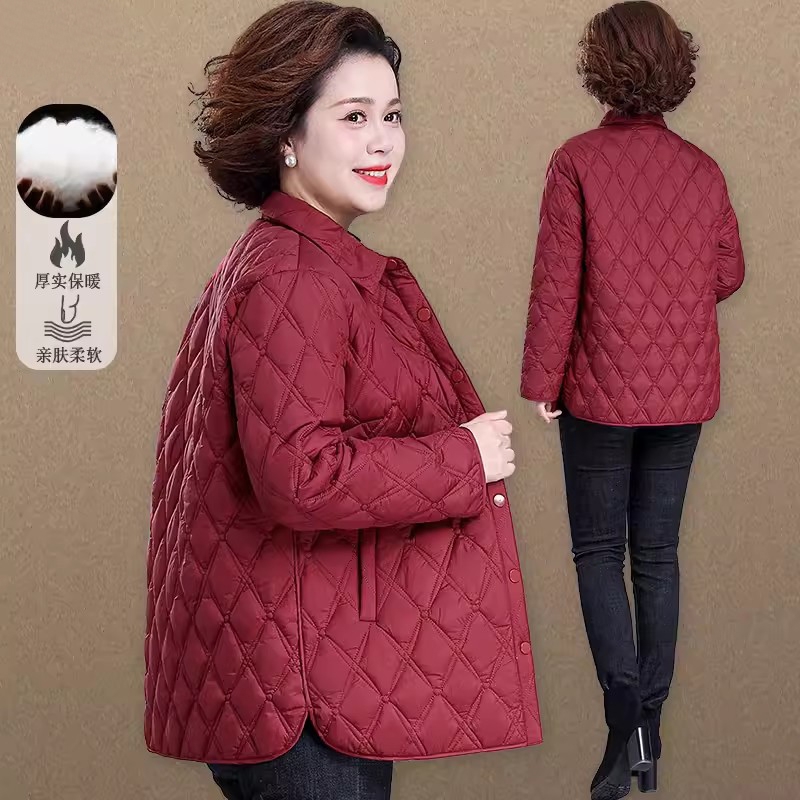 户外妈妈春装夹棉外套加肥加大码2024新款中老年女装秋冬轻薄羽绒