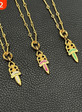 ODEK高级22k金色白钻宝剑项链男女vintage匕首吊坠小众毛衣链情侣