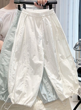 女童夏季工装防蚊裤子2026儿童山本薄款弯刀长裤白色速干绿色模特