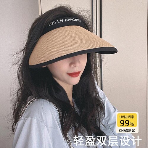 空顶防晒帽女夏黑胶草编帽遮阳帽子多规格