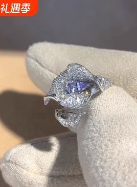 【马蹄莲】冷紫色开口花朵爆闪碎钻戒指百搭超闪奢华气质精致指环