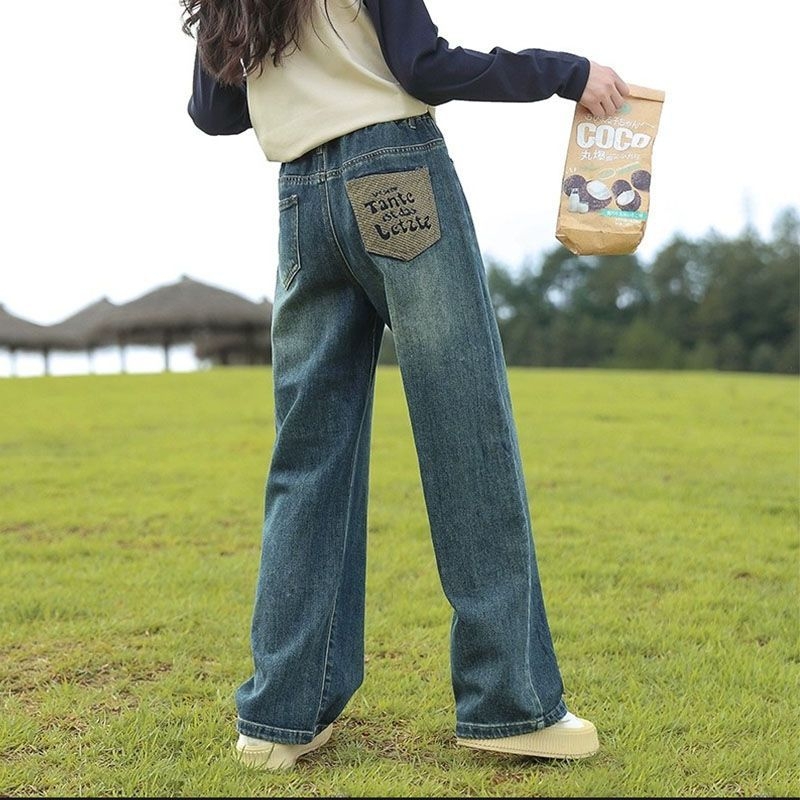 儿童宽松绒牛仔裤春秋冬季中大童加厚阔腿裤女童显瘦直筒裤潮加绒