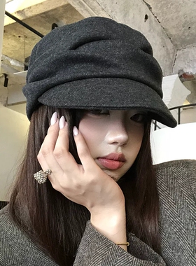 日系山本风黑色褶皱贝雷帽女秋冬