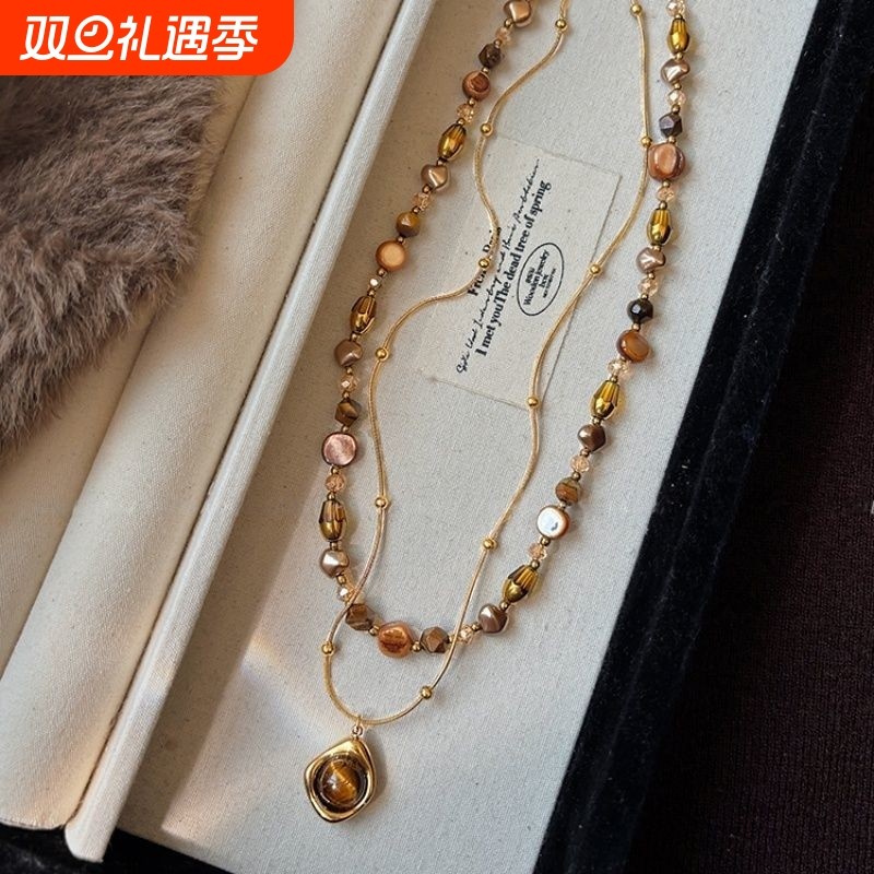 复古咖色系串珠项链女款叠戴毛衣链2025新款轻奢小众颈链气质配饰