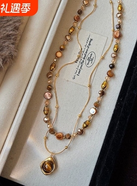 复古咖色系串珠项链女款叠戴毛衣链2025新款轻奢小众颈链气质配饰