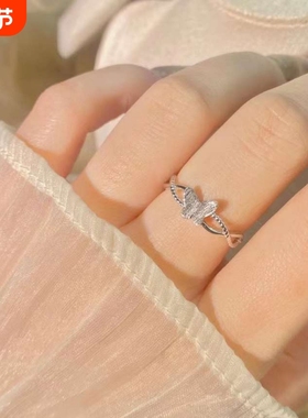 s925纯银双线交叉螺旋蝴蝶戒指女小众简约学生甜美开口拉丝指环