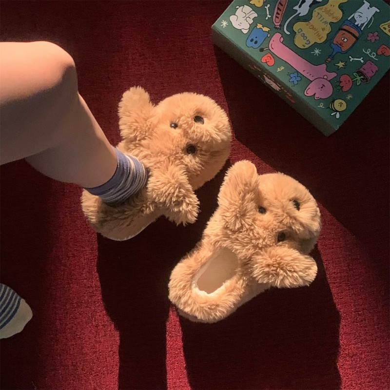 细细条 包跟可爱狗狗棉拖鞋男女冬少女心情侣防滑保暖居家毛毛鞋