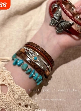 波西米亚异域民族风蝴蝶手链女重工复古叠戴绿色皮革编织绳手饰