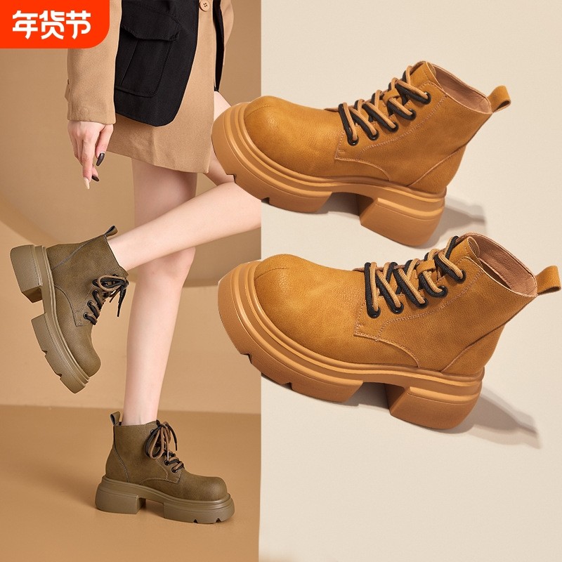 3233小码秋冬真皮马丁靴女韩版内增高拼色女鞋厚底休闲大黄靴女