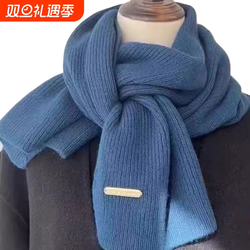 围巾女冬毛线针织纯色小潮韩系加厚保暖蓝色长围脖灰色黑色米色