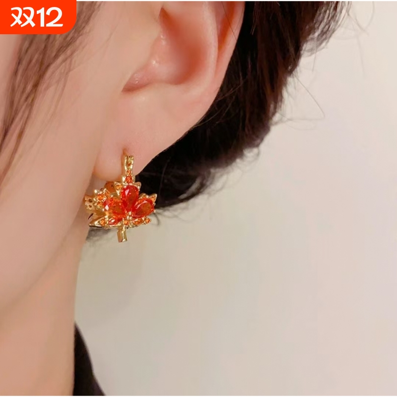 日韩韩版韩式简约耳环素款红色耳饰枫叶时尚加厚高级感耳饰