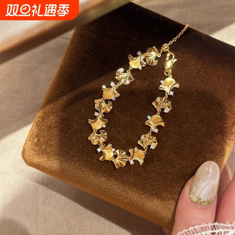 中古拉丝镶钻银杏叶手链复古宫廷风小众设计轻奢百搭高级感手饰品