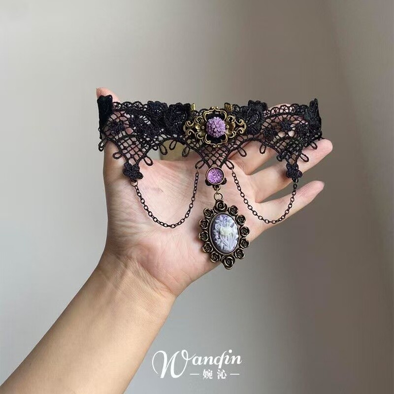 「曼陀罗」暗黑风黑色蕾丝紫色花朵项链哥特亚文化复古小众锁骨链