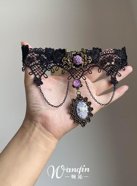 「曼陀罗」暗黑风黑色蕾丝紫色花朵项链哥特亚文化复古小众锁骨链