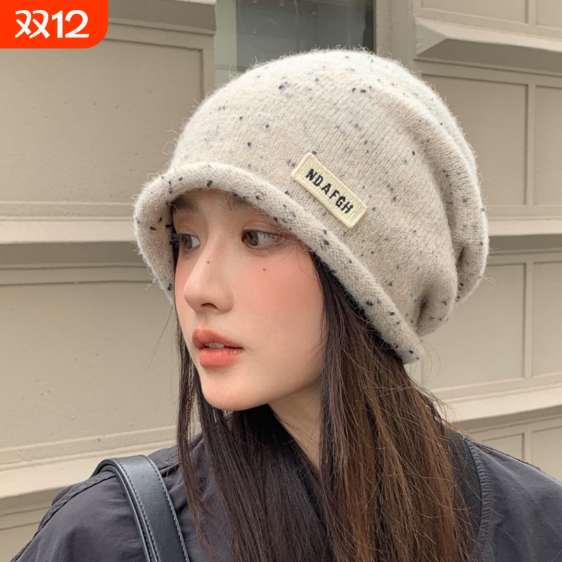 大头围堆堆帽女秋冬卷边冷帽显脸小包头月子帽针织白色黑色咖色