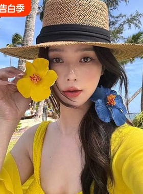 拍照鸡蛋花发夹侧边头花仿真花朵头饰蓝色氛围海边度假旅游发饰
