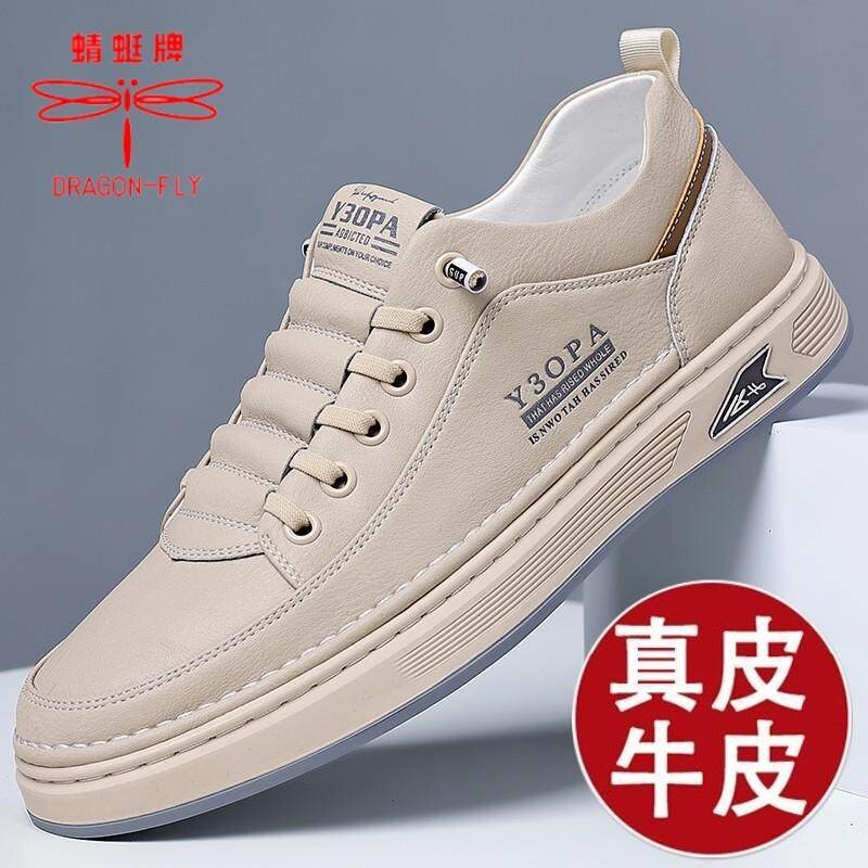 蜻蜓男鞋一脚蹬新款真皮大码运动休闲鞋板鞋小白鞋男白色牛皮米色图片