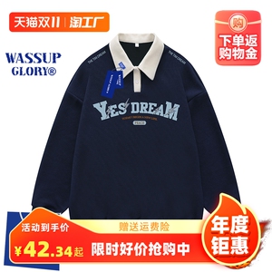 WASSUP GLORY翻领卫衣男款秋冬季学院风潮牌宽松华夫格长袖polo衫