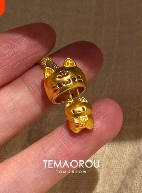 可爱【套头喵】招财躲猫猫金色小猫咪吊坠棕色编绳项链毛衣链配饰