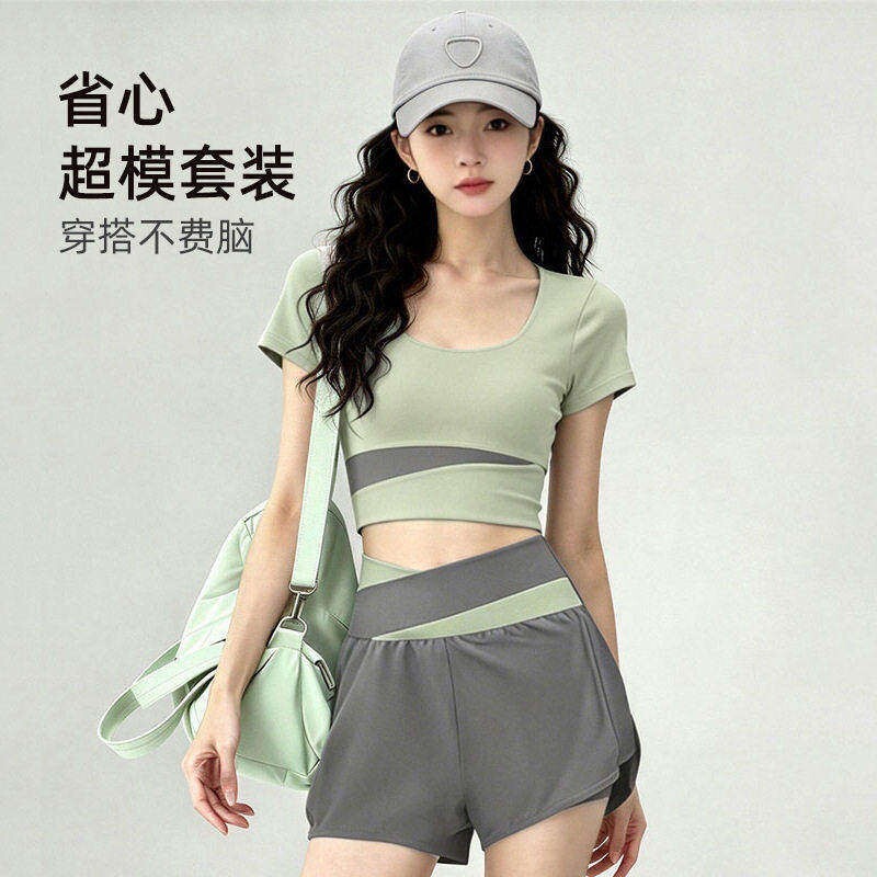普拉提专用瑜伽服套装女款带胸垫短袖撞色腰防走光口袋短裤两件套图片