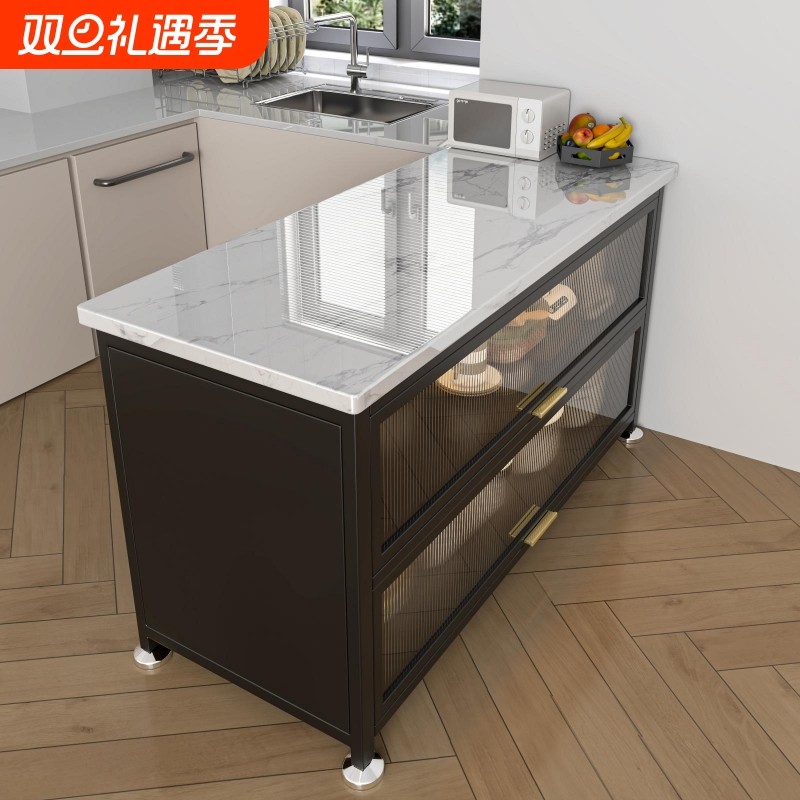 厨房岩板置物架一体落地微波炉收纳柜家用防尘多功能碗柜储物柜子