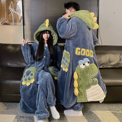 情侣睡衣女款秋冬季加绒加厚男士睡袍珊瑚绒冬天法兰绒浴袍家居服
