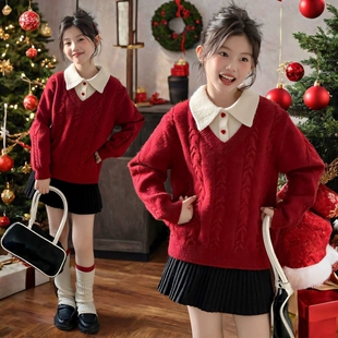 韩版学院风假两件POLO领针织衫毛衣秋冬新款女童红色保暖洋气上衣