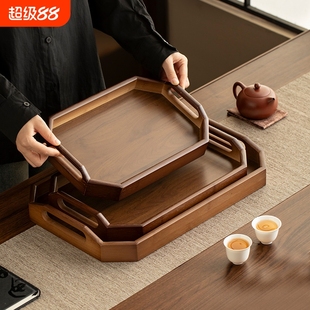 家用竹木提手托盘茶水茶杯咖啡甜品收纳盘子餐盘方形圆盘平盘