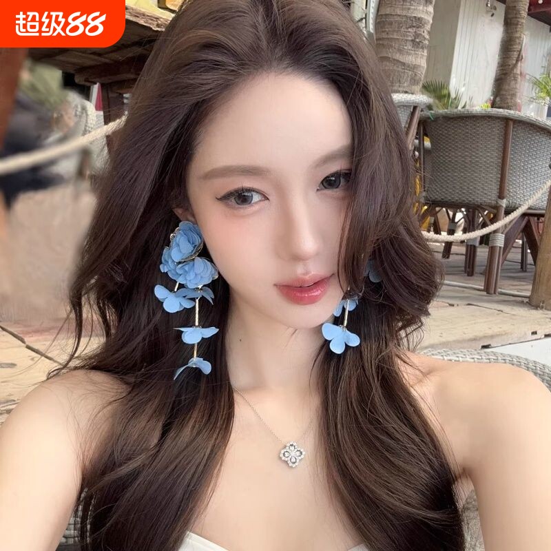 清酒山茶 粉色雪纺花朵流苏大耳环巨好看独特漂亮海边度假风耳饰