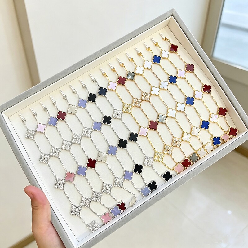 幸运四叶草五花手链女厚镀真金18K玫瑰金不掉色玛瑙百搭叠戴手镯