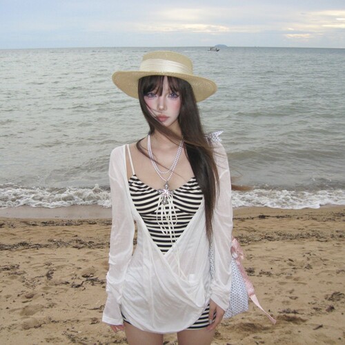 复古条纹分体泳衣女|千人加购