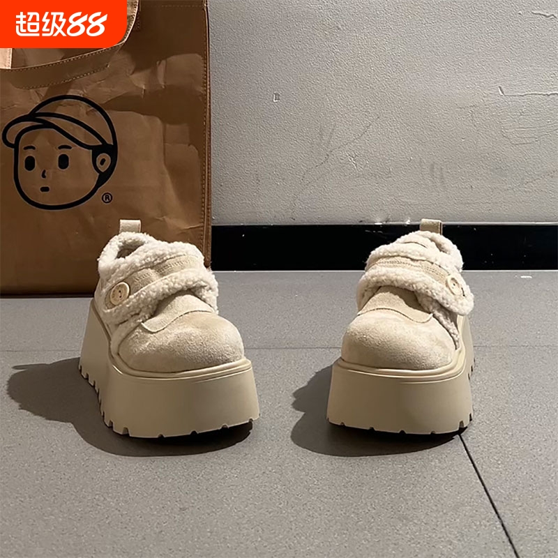白色复古增高厚底加绒雪地棉鞋女冬2025新款加厚保暖毛毛勃肯鞋子