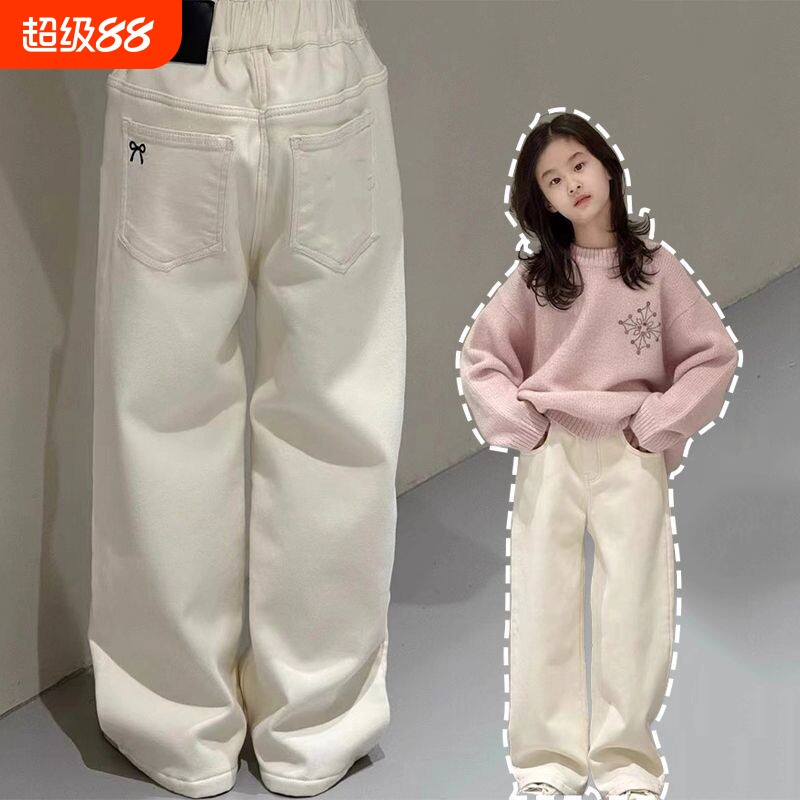 女童加绒牛仔裤秋冬季新款童装加厚一体牛仔裤保暖直筒裤白色阔腿