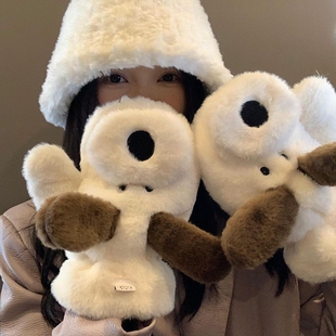 冬季新款毛绒卡通小狗厚款手套女韩版可爱防风加绒骑车挂脖连指